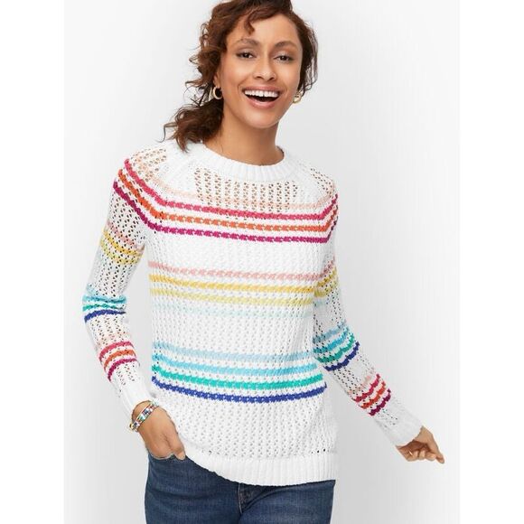 Talbots Open Stitch Knit Raglan Sweater Rainbow Stripe Preppy Academia Casual 1X - Picture 1 of 14